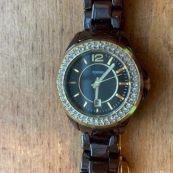Fossil watch- chocolate color- diamonds around face- excellent condition! - Picture 2 of 5